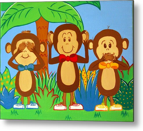 Monkeys Metal Print featuring the painting Three Monkeys No Evil by Valerie Carpenter
