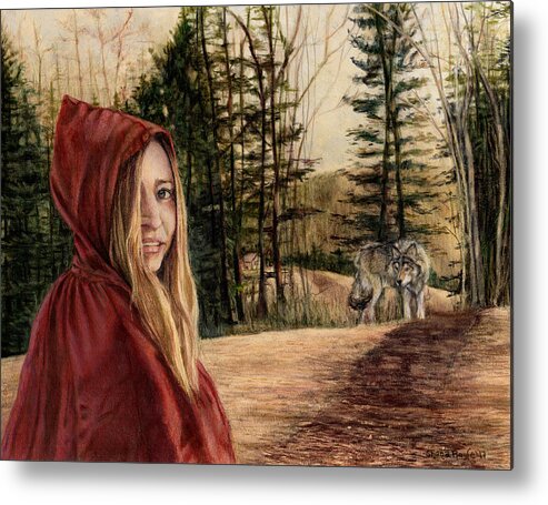 Little Red Riding Hood Metal Print featuring the drawing To Grandmother's House We Go by Shana Rowe Jackson