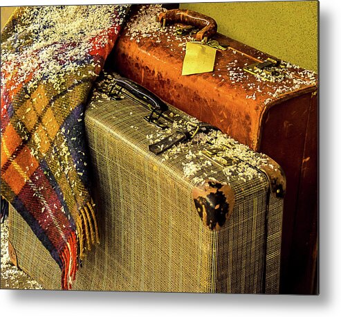 Suitcases Metal Print featuring the photograph Traveling Vintage Bags Blanket and Snow by Julie Palencia
