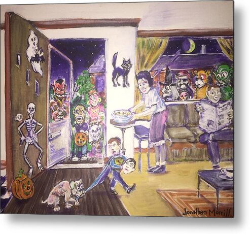Skeleton Cat Alien Bear Pirates Witch Gypsy Gorilla Ghosts Superman Candy Pumpkins Jack O Lantern Halloween Trick Or Treat Devils 1960's Dogs Metal Print featuring the painting Trick or Treat on Exeter Street by Jonathan Morrill