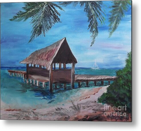 Tropical Boathouse Metal Print featuring the painting Tropical Boathouse by Judy Via-Wolff