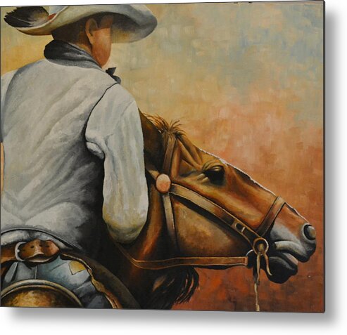 A Oil Painting Of A Cowboy Turning His Horse Around To Head Home. The Cowboy Has A Hat On With A Feather In The Hat Ban. He Is Wearing A Grey Vest With A Blue Shirt. He Is Also Wearing Blue Jeans With A Pair Of Leather Chaps. He Is Turning His Horse Around To Head Back To His Ranch. Metal Print featuring the painting Turning Around by Martin Schmidt