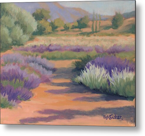 Lavender Fields Metal Print featuring the painting Under a Summer Sun in Lavender Fields by Sandy Fisher