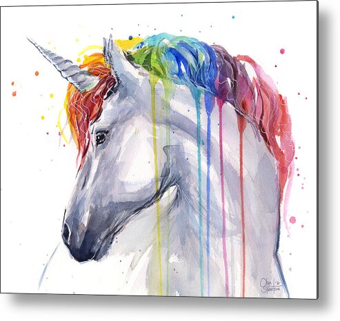 Magical Metal Print featuring the painting Unicorn Rainbow Watercolor by Olga Shvartsur