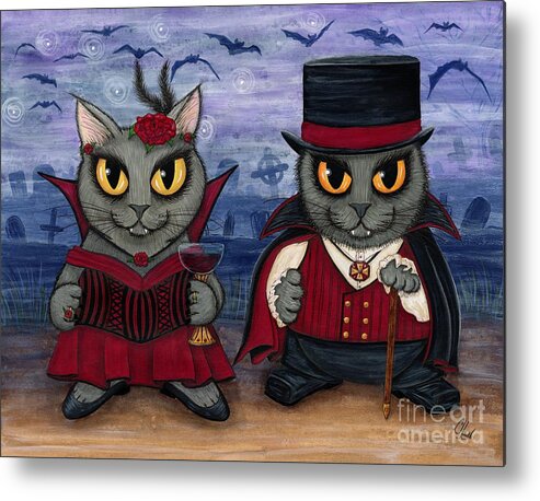 Grey Cat Metal Print featuring the painting Vampire Cat Couple by Carrie Hawks