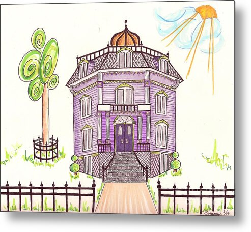 Architecture Metal Print featuring the drawing Victorian House in Lavender -- Stylized Architectural Drawing of Victorian House by Jayne Somogy