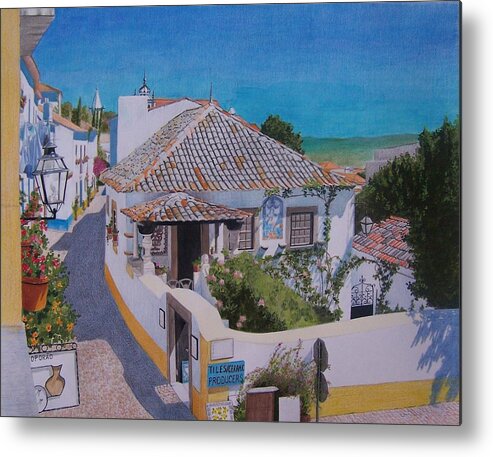 Green Metal Print featuring the mixed media View on Obidos by Constance Drescher