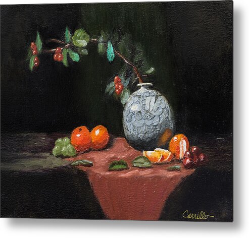 Still Life Of Vitality Vase & Fruit In Abundant Color Metal Print featuring the painting VitalityVase by Ruben Carrillo