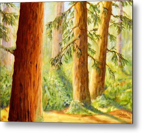 Park Woods Trees Forest Foliage Branches Bark Needles Leaves Light Shadow Green Brown Yellow Blue Orange White Moss Ground Dirt Landscape Nature Sky Metal Print featuring the painting Walker park in summer by Ida Eriksen