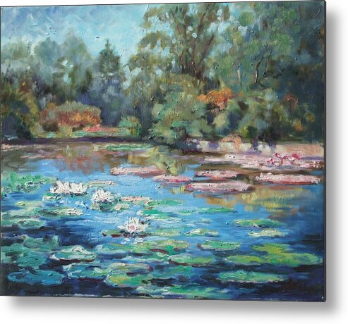 St.louis Metal Print featuring the painting Waterlilies pond in Tower Grove Park by Irek Szelag