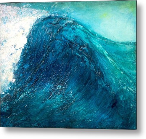 Wave Blue Wave Sea Water Seascape Rising Wave Mixed Media Encaustic Painting Original Canvas Wax Oil Metal Print featuring the painting wave X by Martine Letoile