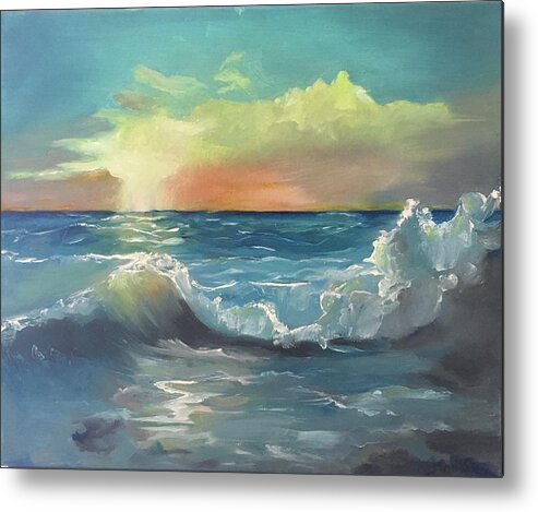 Original Oil Painting Metal Print featuring the painting Waves in sunrise by Maria Karlosak