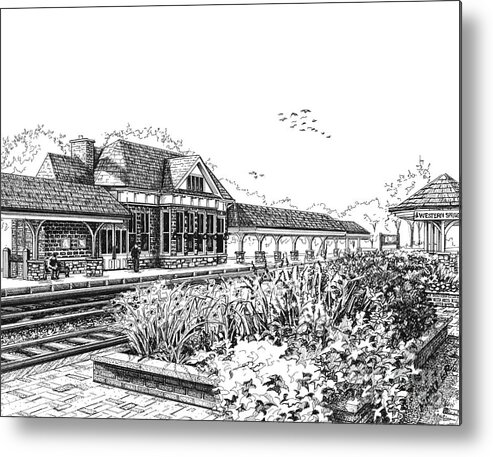 Train Metal Print featuring the drawing Western Springs Train Station by Mary Palmer