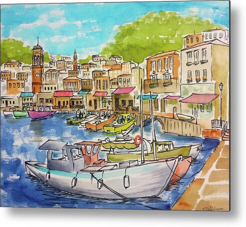 Boat Metal Print featuring the painting White Boat, Hydra Harbor by Vic Delnore