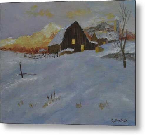 Landscape Snow Farm Mountain Sunset Dusk Metal Print featuring the painting Winter Dusk on the Farm by Scott W White