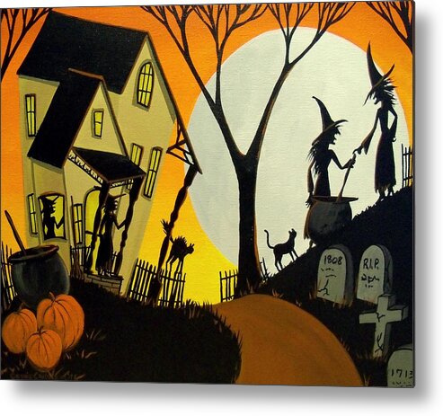 Folk Art Metal Print featuring the painting Witch Sisters - folk art by Debbie Criswell