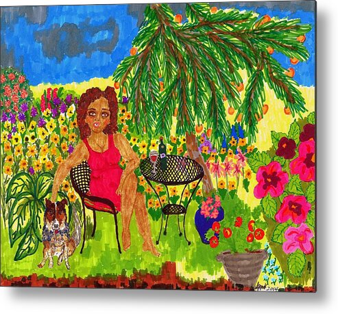 Woman Of Color Metal Print featuring the painting With Rudy in the Garden by Stacey Torres