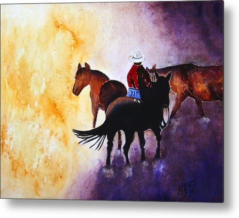 Rancher Metal Print featuring the painting Wranglers work day by Mary Gaines