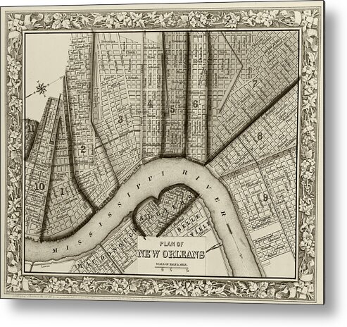 1860 Metal Print featuring the digital art 1860 New Orleans City Plan Map Sepia by Toby McGuire