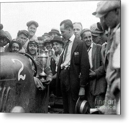 Vintage Metal Print featuring the photograph 1920s, Race Winner In Duesenberg With Trophy Cup by Retrographs