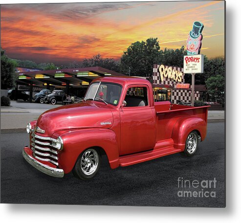 1949 Metal Print featuring the photograph 1949 Chevy Pickup at Porky's Drive-In by Ron Long