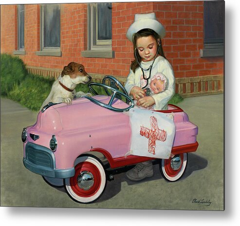 Girl Dressed As A Nurse Holding A Doll Riding In Her Pick Pedal Car Metal Print featuring the painting 1949 Murray Comet by David Lindsley