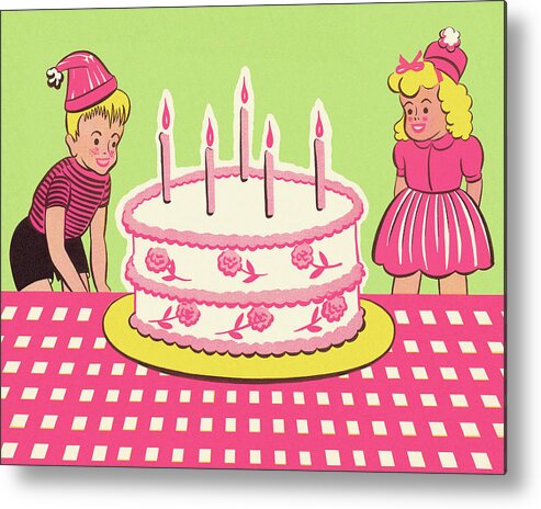 Accessories Metal Poster featuring the drawing Boy and Girl With Birthday Cake #2 by CSA Images