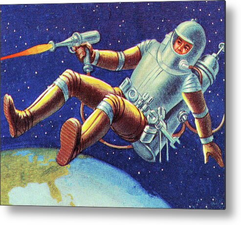 Adventure Metal Poster featuring the drawing Astronaut with a Ray Gun by CSA Images