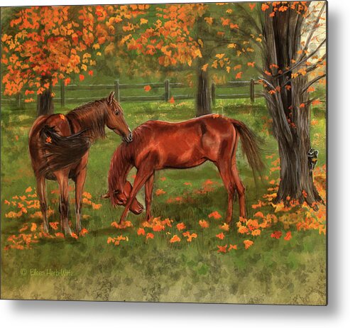 Autumn Pastures Horses Metal Print featuring the painting Autumn Pastures Horses by Eileen Herb-witte