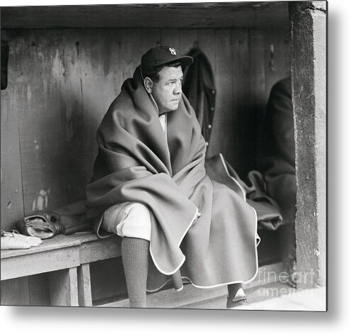 People Metal Print featuring the photograph Babe Ruth Wearing Blanket In Dugout by Bettmann