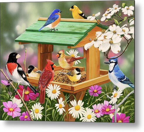 Birds Metal Print featuring the painting Backyard Birds Spring Feast by William Vanderdasson