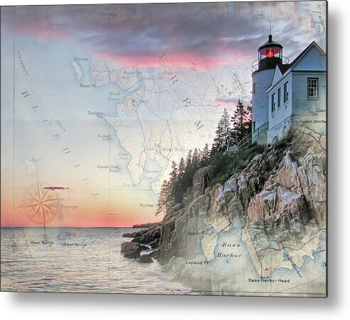Lighthouses Of New England Metal Print featuring the photograph Bass Harbor lighthouse on a chart by Jeff Folger