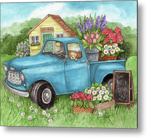 Blue Truck Flowers Hello Spring Metal Print featuring the painting Blue Truck Flowers Hello Spring by Melinda Hipsher