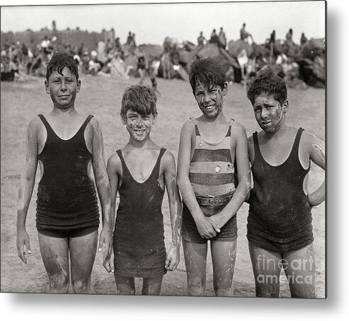 Three Quarter Length Metal Print featuring the photograph Boys Stand Smeared With Clay On Beach by Bettmann