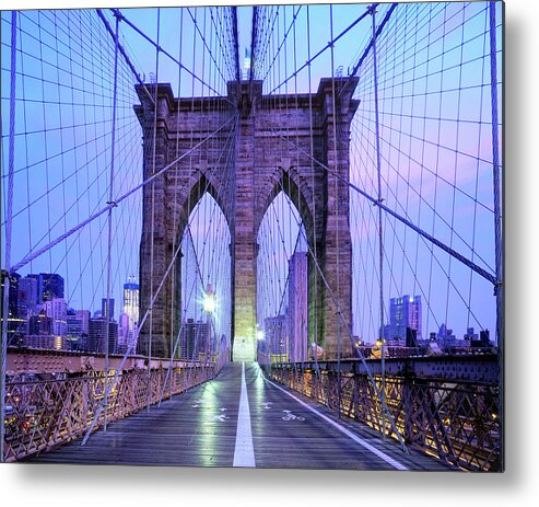 Arch Metal Print featuring the photograph Brooklyn Bridge Walkway At Dawn, New by Andrew C Mace
