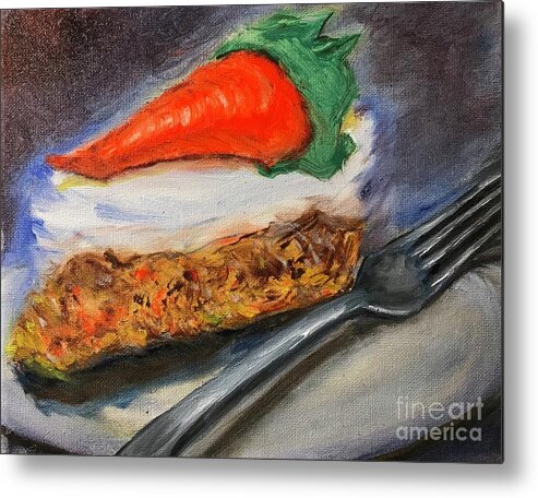 Oil Painting Of A Slice Of Carrot Cake With Folk On Plate Metal Print featuring the painting Carrot Cake by Lavender Liu