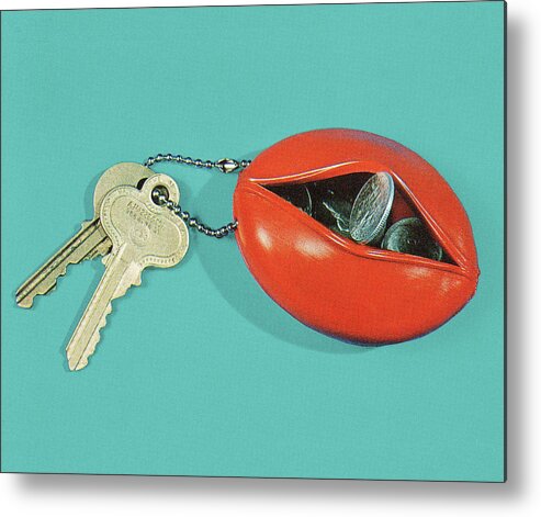 Blue Background Metal Print featuring the drawing Coin Pouch Keychain and Keys by CSA Images