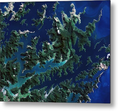 Satellite Image Metal Print featuring the digital art Cook Strait, New Zealand from space by Christian Pauschert