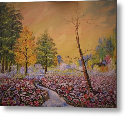 Landscape Metal Print featuring the painting Field Of Flowers by Lorenzo Roberts
