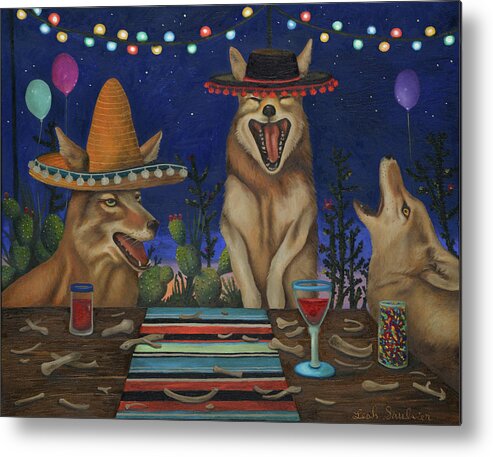 Coyote Metal Print featuring the painting Fiesta De Los Coyote's by Leah Saulnier The Painting Maniac