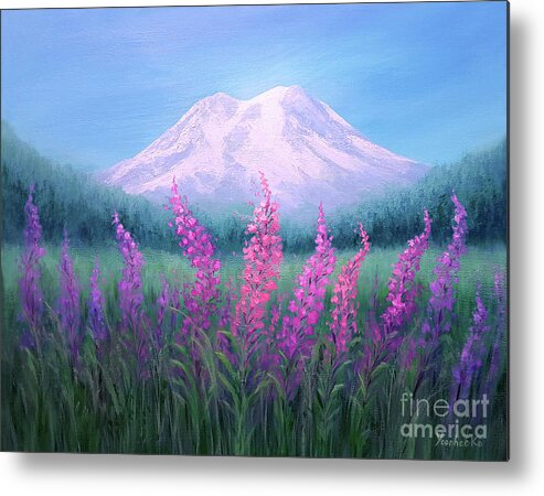Mount Rainier Metal Print featuring the painting Fireweed Phenomenon on Mount Rainier by Yoonhee Ko