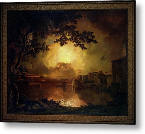 Castel Sant' Angelo Metal Print featuring the painting Firework Display at the Castel Sant Angelo in Rome by Joseph Wright by Rolando Burbon