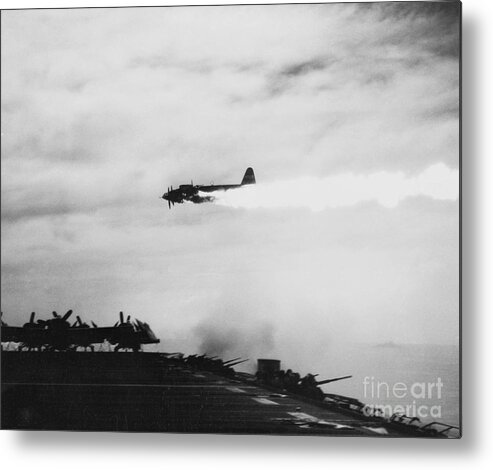 Military Airplane Metal Print featuring the photograph Flaming Kamikaze Plane by Bettmann