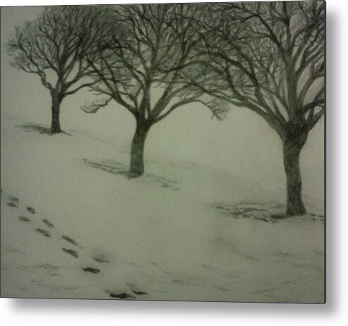 Pencil Drawings Metal Print featuring the drawing Footprints in the Snow by Christy Saunders Church