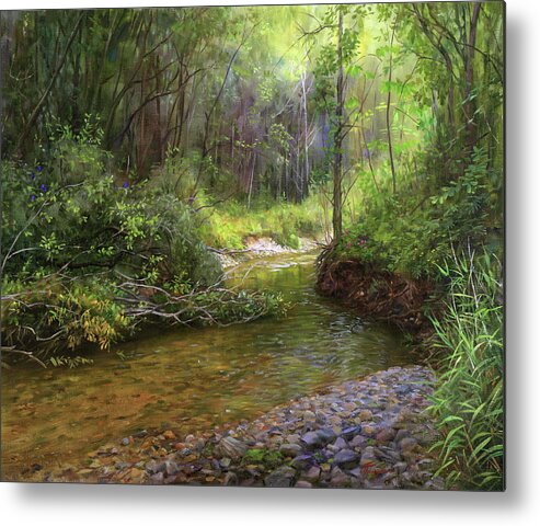 Landscape Metal Print featuring the painting Forest stream. by Galina Gladkaya