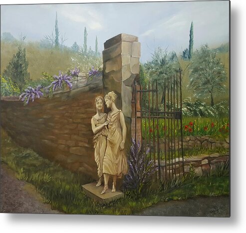 Garden Statue Metal Print featuring the painting Garden of the Two Sisters by Connie Rish