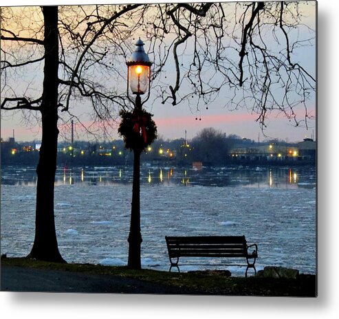 Gas Lamp Metal Print featuring the photograph Gas Lamp and Bench by the frozen Delaware River by Linda Stern