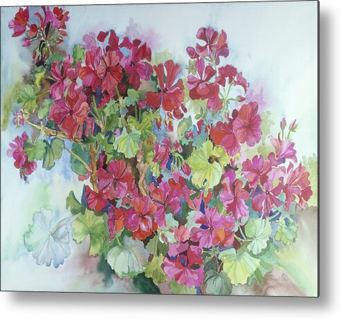A Red Geranium. Metal Print featuring the painting Geraniums Reaching For The Sky by Joanne Porter