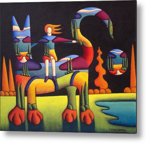 Cat Metal Print featuring the painting Girl on cat in landscape by Alan Kenny