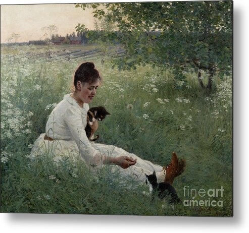 Oil Painting Metal Print featuring the drawing Girl With Cats In A Summer Landscape by Heritage Images